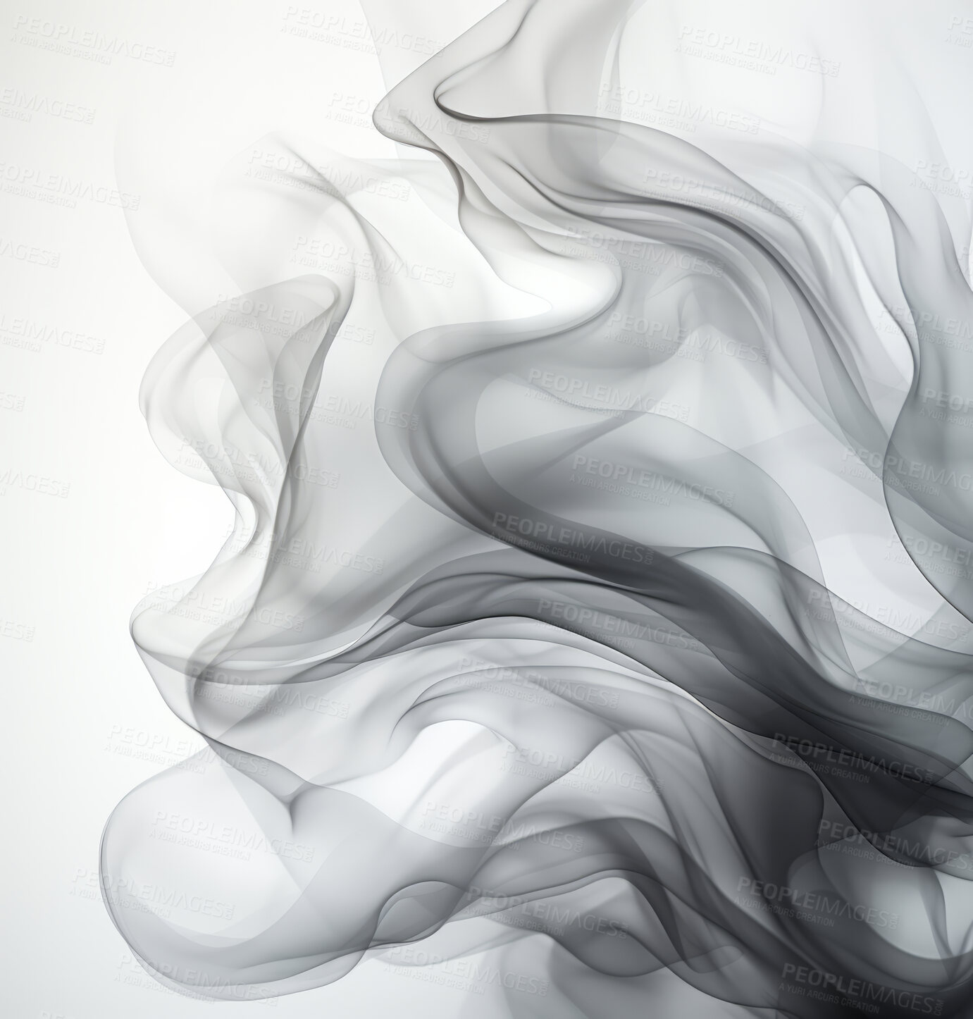 Buy stock photo Black smoke, incense or gas in a studio with white background by mockup space for magic effect with abstract. Fog, steam or vapor mist moving in air for cloud smog pattern by light backdrop with banner.