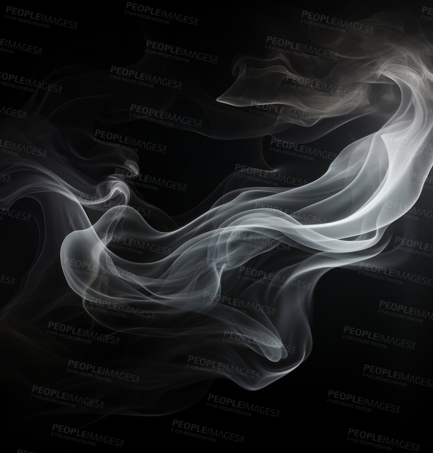 Buy stock photo Smoke, incense or gas in a studio with dark background by mockup space for magic effect with abstract. Fog, steam or vapor mist moving in air for cloud smog pattern by black backdrop with banner.