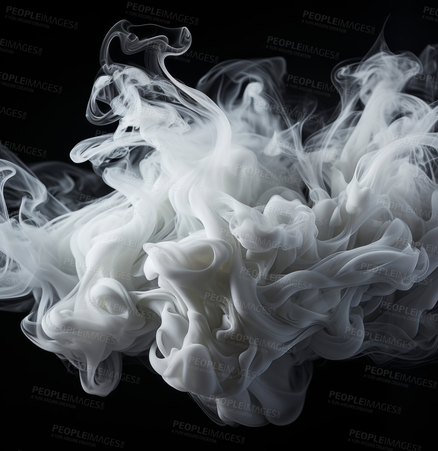 Buy stock photo Smoke, incense or gas in a studio with dark background by mockup space for magic effect with abstract. Fog, steam or vapor mist moving in air for cloud smog pattern by black backdrop with banner.