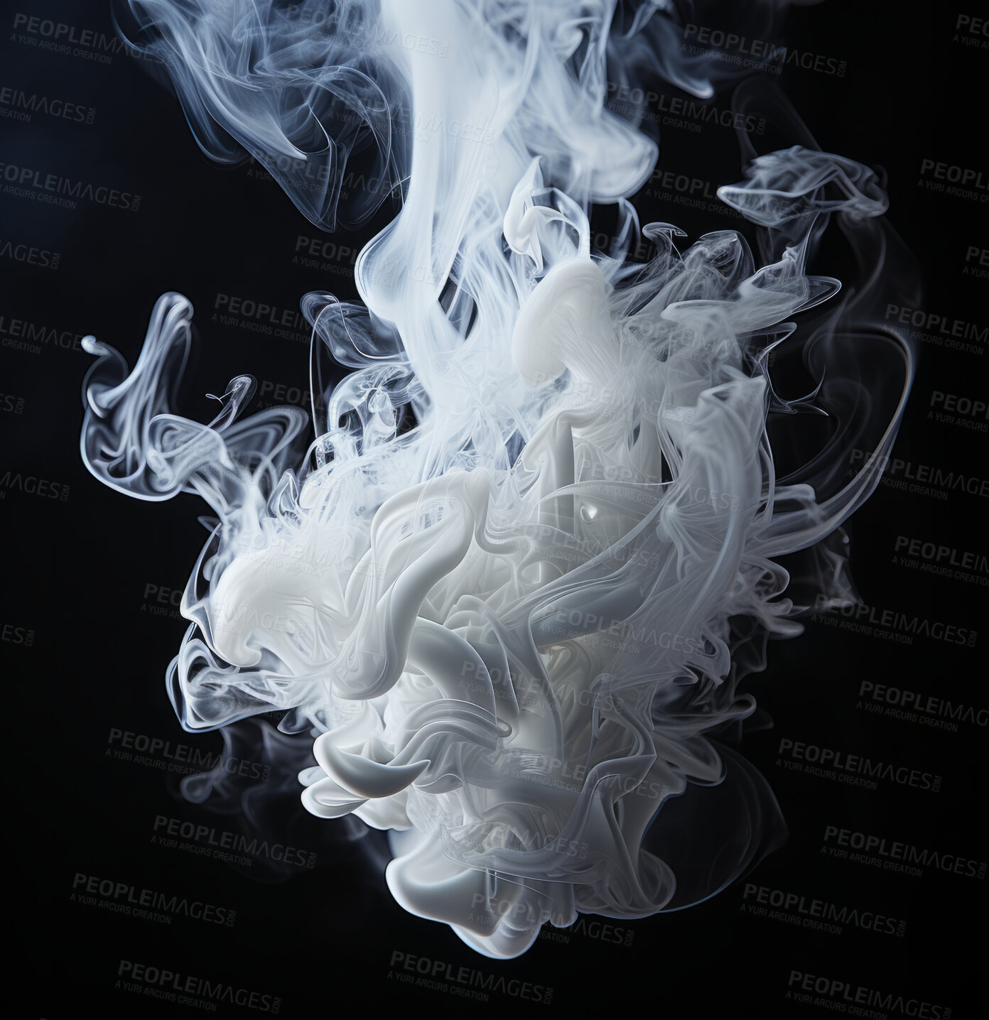 Buy stock photo Smoke, incense or gas in a studio with dark background by mockup space for magic effect with abstract. Fog, steam or vapor mist moving in air for cloud smog pattern by black backdrop with banner.