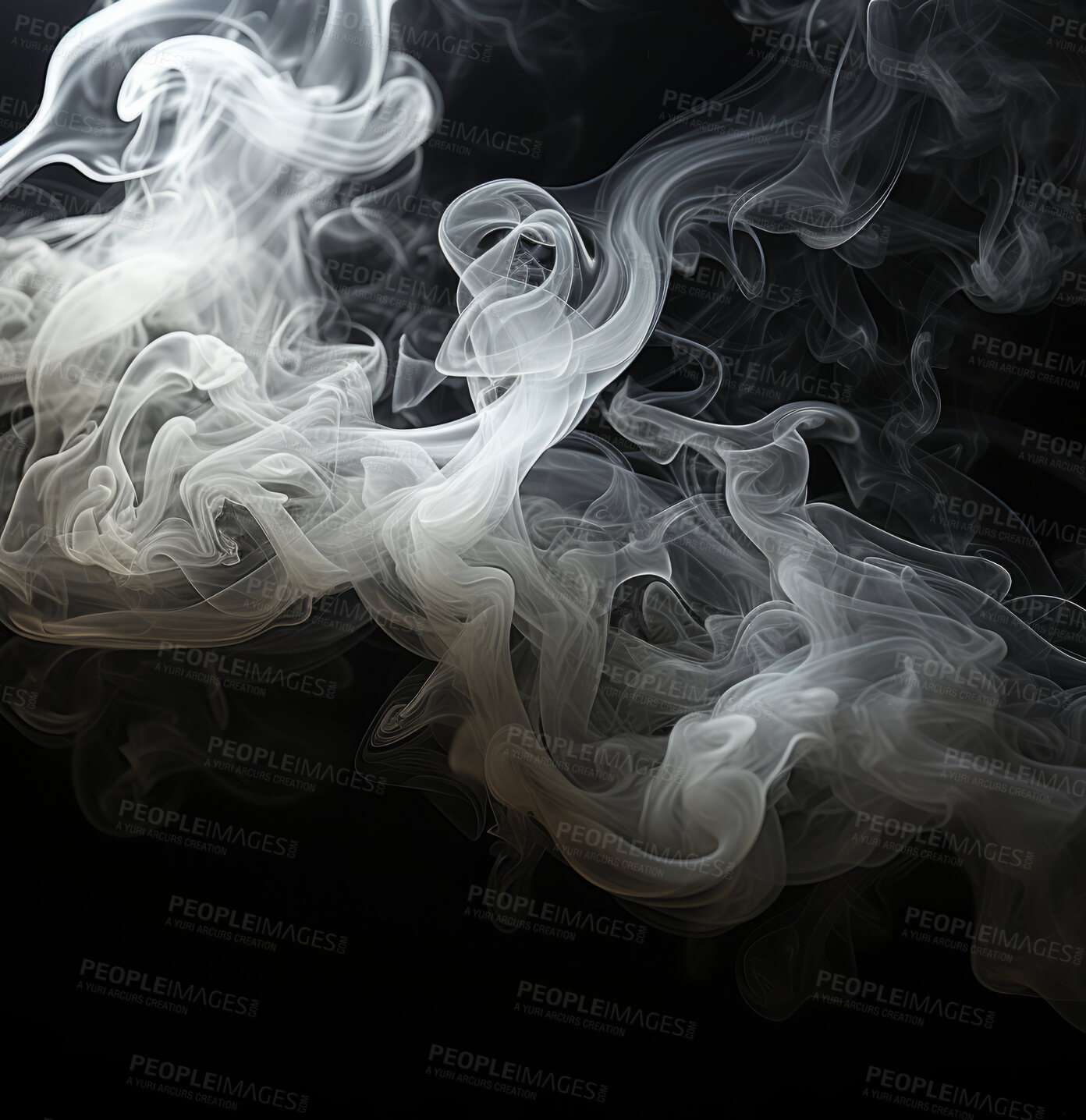 Buy stock photo Smoke, incense or gas in a studio with dark background by mockup space for magic effect with abstract. Fog, steam or vapor mist moving in air for cloud smog pattern by black backdrop with banner.