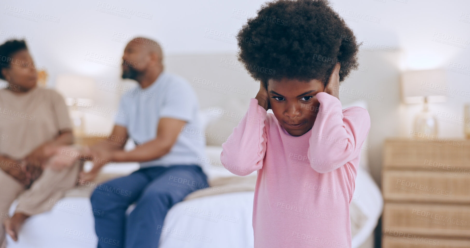 Buy stock photo Scared kid, angry parents or divorce in fight or home bedroom with stress, black family conflict or breakup. Mother in argument, dad or girl child with fear, anxiety or trauma from emotional crisis