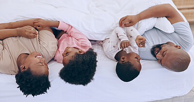 Bed, relax and black family parents, happy kids or people bonding, care and love for young, mom and dad. Home, morning and African children, father and mother support, comfort and smile in bedroom