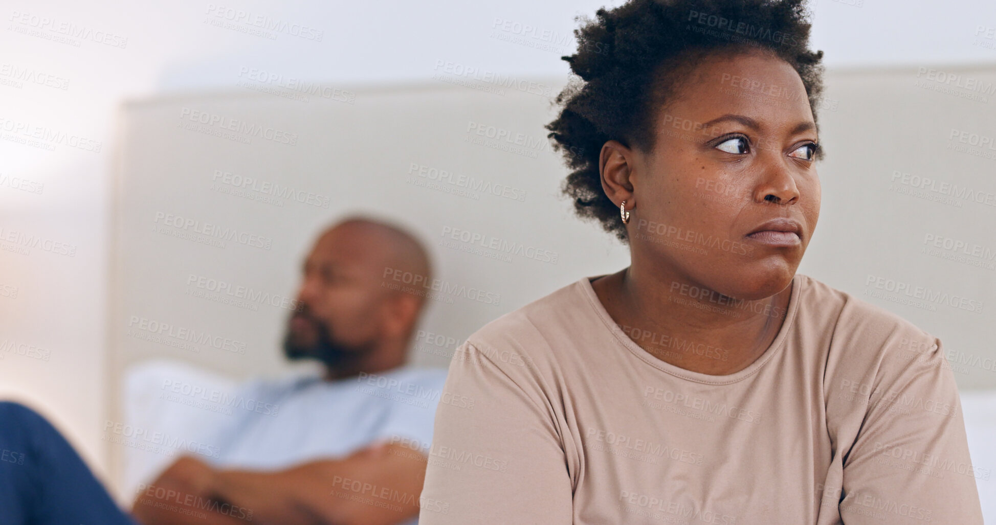 Buy stock photo Angry, divorce and black couple in home with conflict, fight or thinking about affair and marriage. African, woman or frustrated in bedroom with stress, problem or depressed from fail in relationship