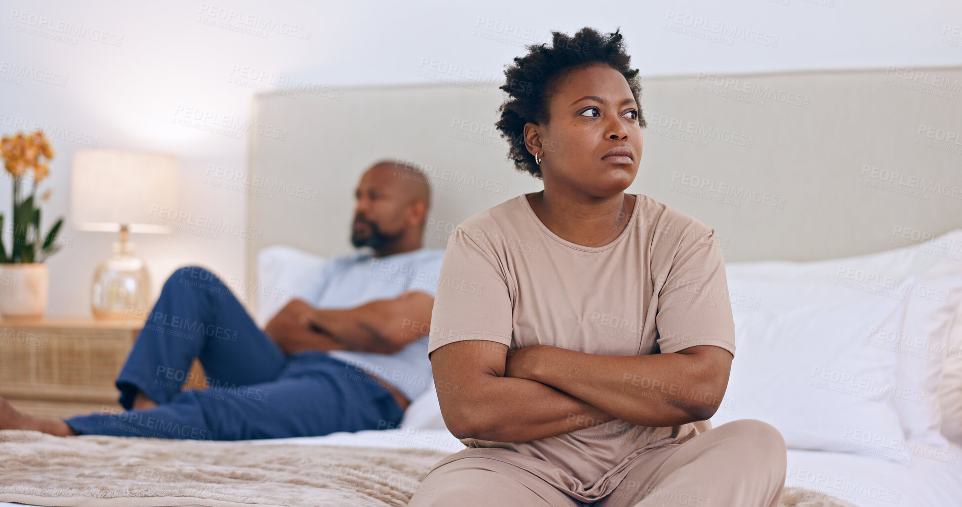 Buy stock photo Frustrated black couple, ignore and bed in divorce, fight or conflict for argument or disagreement at home. African woman and man in bad marriage, toxic relationship or breakup in bedroom dispute