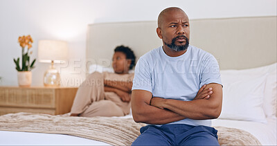 Fight, doubt or angry black couple argue with stress for marriage problem or bad break up. Home, ignore or frustrated African people thinking of conflict for cheating drama or divorce in bedroom