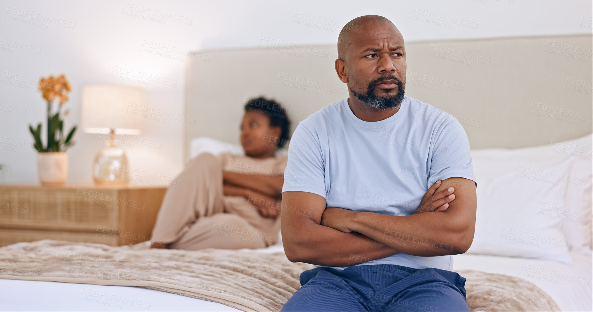 Buy stock photo Fight, doubt or angry black couple argue with stress for marriage problem or bad break up. Home, ignore or frustrated African people thinking of conflict for cheating drama or divorce in bedroom