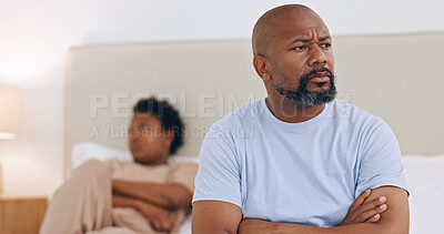 Black couple, divorce and angry in home with conflict, fight or thinking about affair and heartbreak. African, man or frustrated with arms crossed in bedroom with stress, problem or fail in marriage