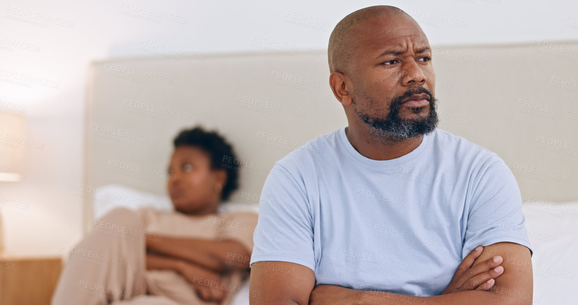 Buy stock photo Black couple, divorce and angry in home with conflict, fight or thinking about affair and heartbreak. African, man or frustrated with arms crossed in bedroom with stress, problem or fail in marriage