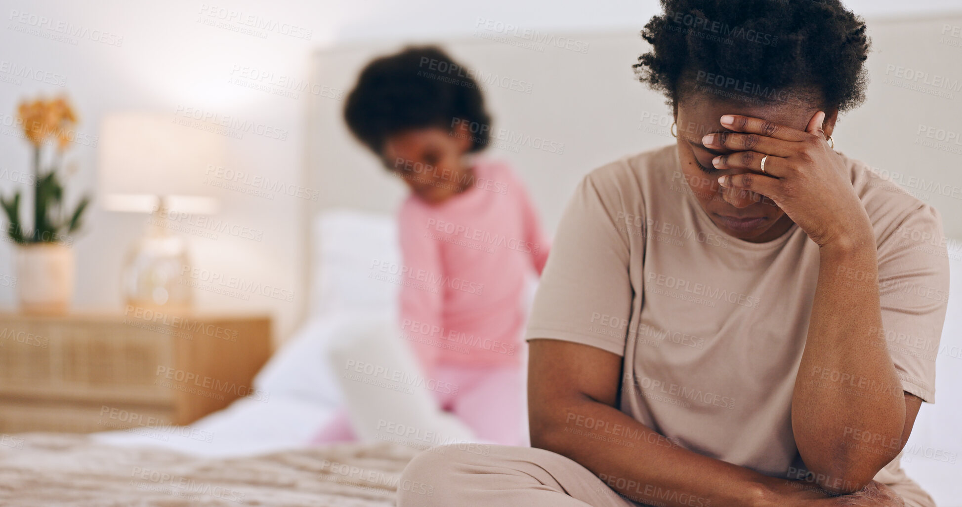 Buy stock photo Frustrated mother, headache or child on bed in stress, anxiety or mental health at home. Tired African mom or single parent in depression, mistake or burnout with ADHD kid playing in bedroom at house