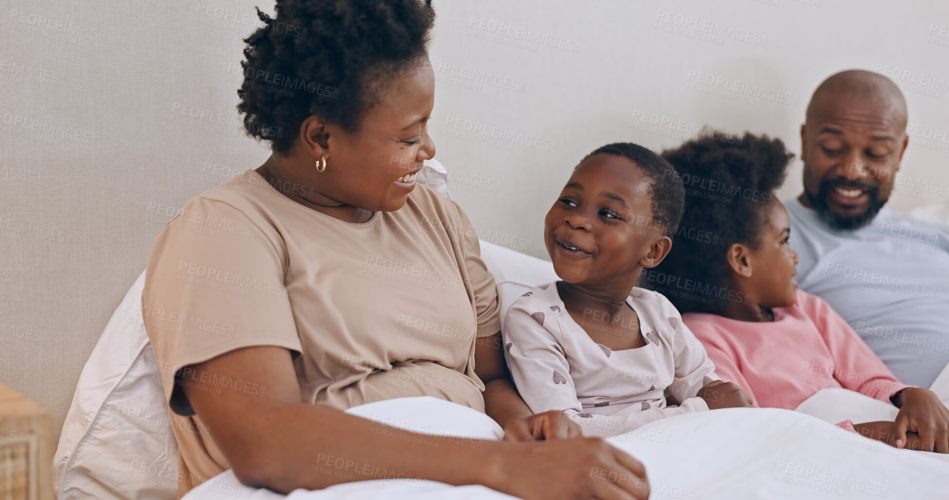 Buy stock photo Bedroom, relax and black family mom, happy kids or dad bonding, love and care for young girl. Home conversation, discussion and African children, father and mother support, comfort and talking on bed