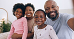 Portrait, selfie and black family parents, happy kids or people bonding, love and care in memory photo. Home face, photography and African children, father and mother support, relax or smile together