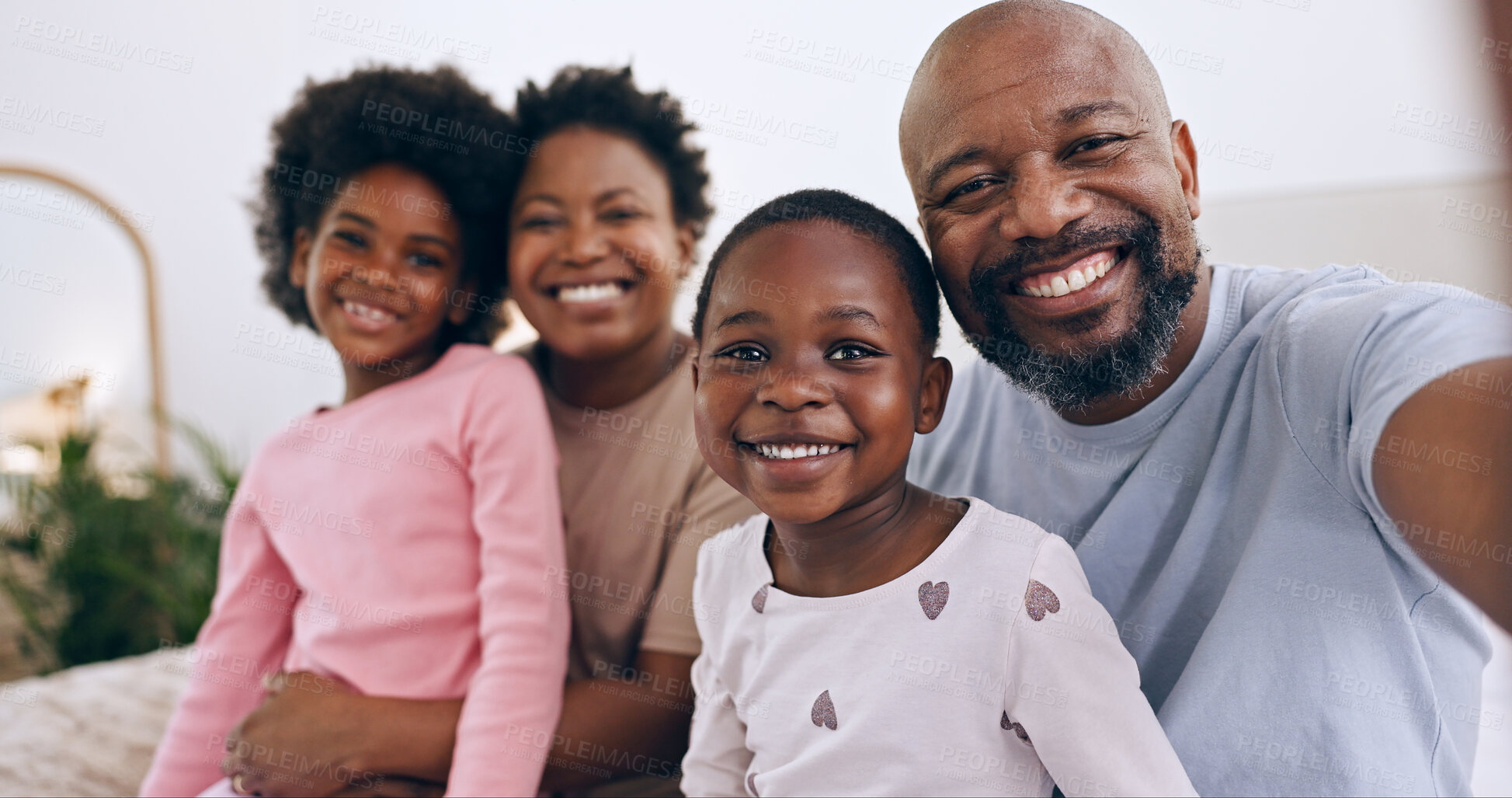 Buy stock photo Portrait, selfie and black family parents, happy kids or people bonding, love and care in memory photo. Home face, photography and African children, father and mother support, relax or smile together