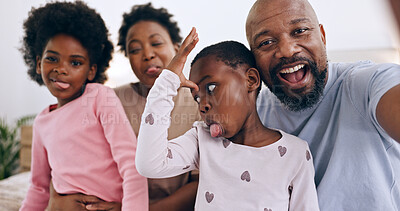 Portrait, selfie and black family parents, happy children or people bonding, love and care in memory photo. Home face, photography and profile picture of kids, dad and mom pose with crazy tongue out