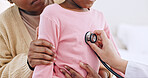People, child and chest with stethoscope in closeup for examination, medical appointment or checkup in home. Person, doctor and listen to breathing, lungs or heart for cardiology, problem or illness