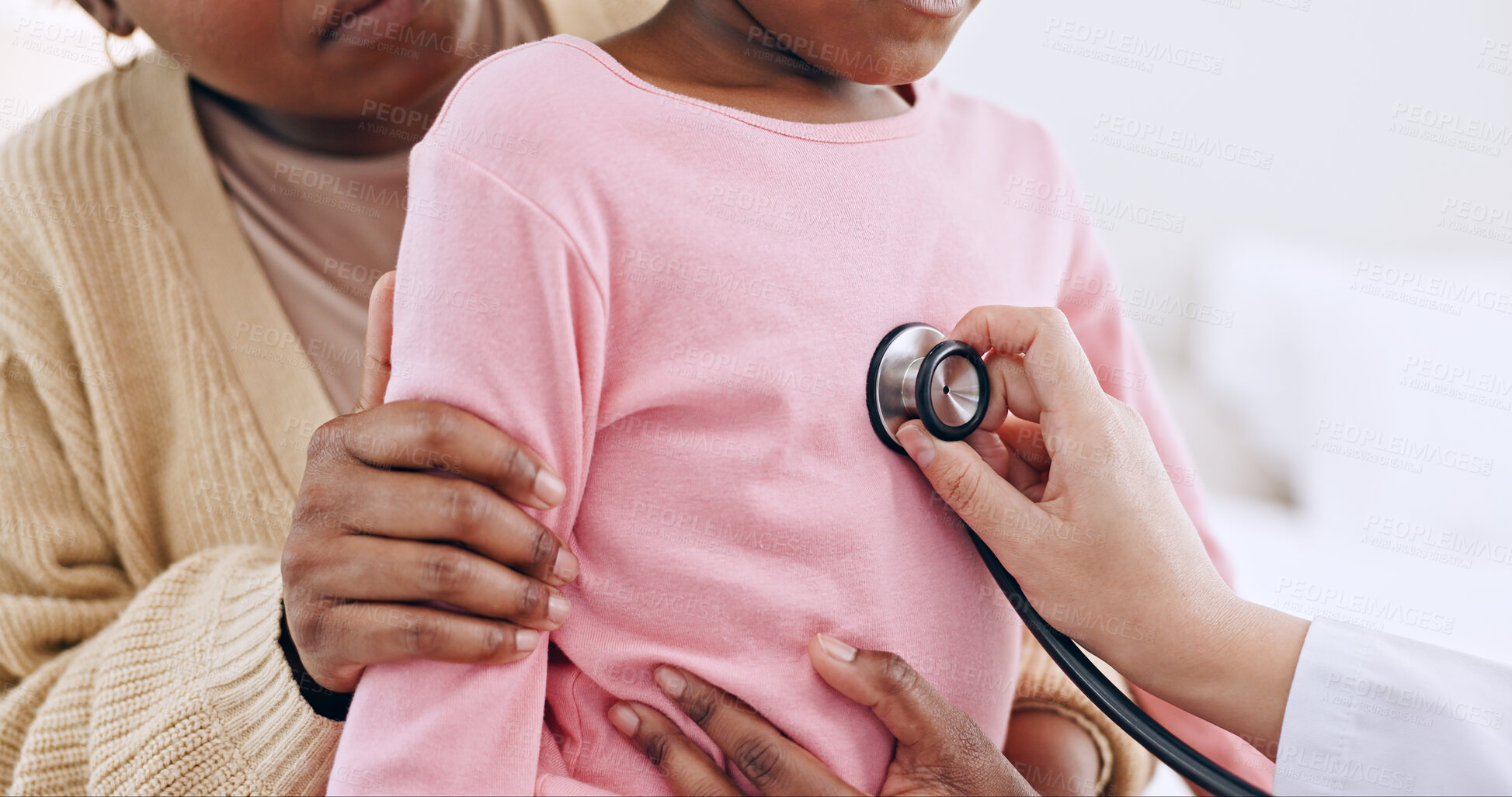 Buy stock photo Doctor, child and chest with stethoscope in closeup for examination, medical appointment or checkup in home. Paediatrician, cardiology and listen to breathing, lungs or heart in problem for illness