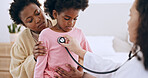 Child, little girl and stethoscope for examination in home for health, respiratory system and wellness. Mother, kid and support with doctor for listening to heart, lungs and breathing for problem