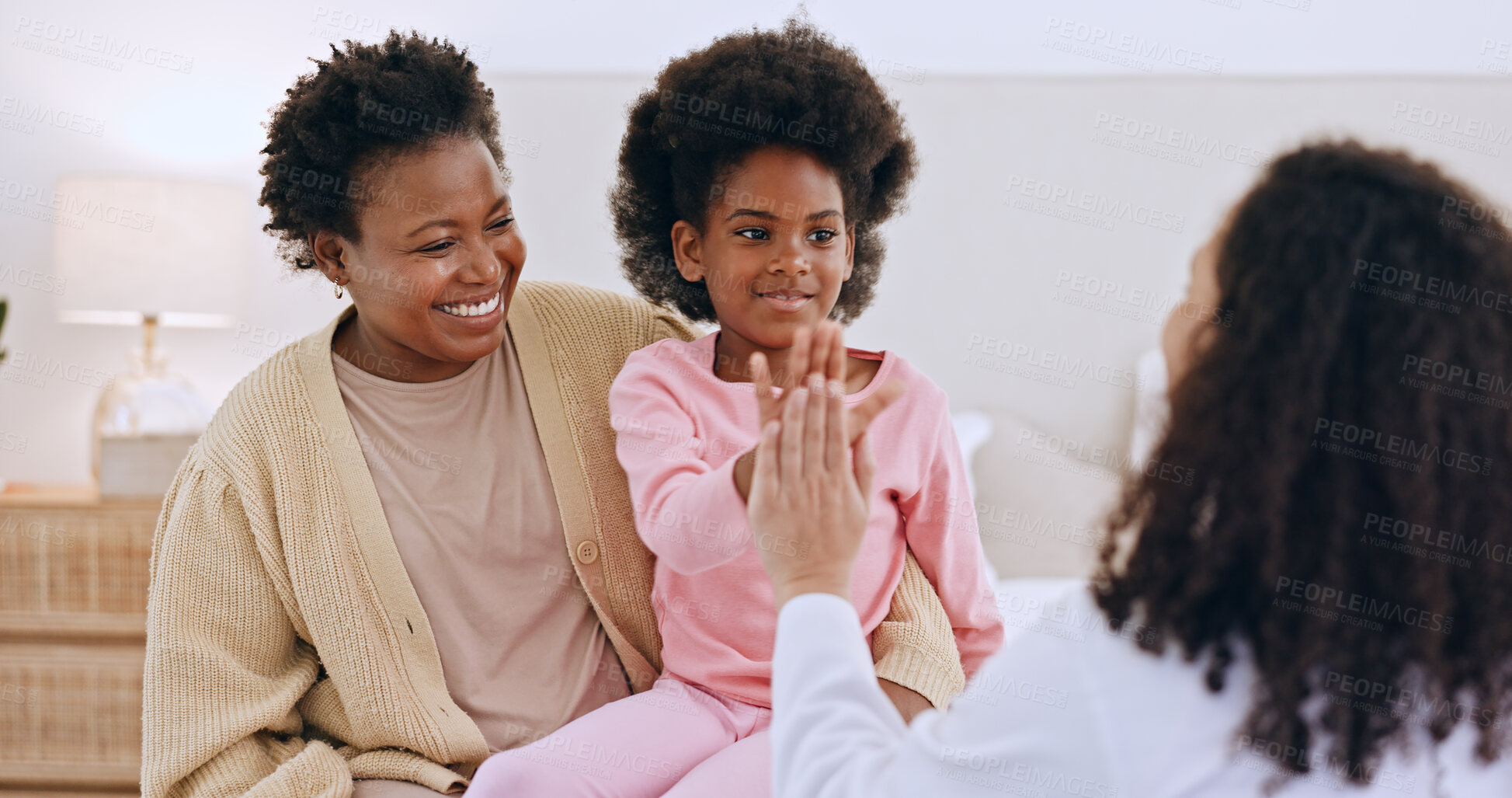 Buy stock photo Mother, daughter or doctor and high five or happiness in bedroom with support, trust and healthcare. Black family, women or pediatrician with success or smile for wellness and health results