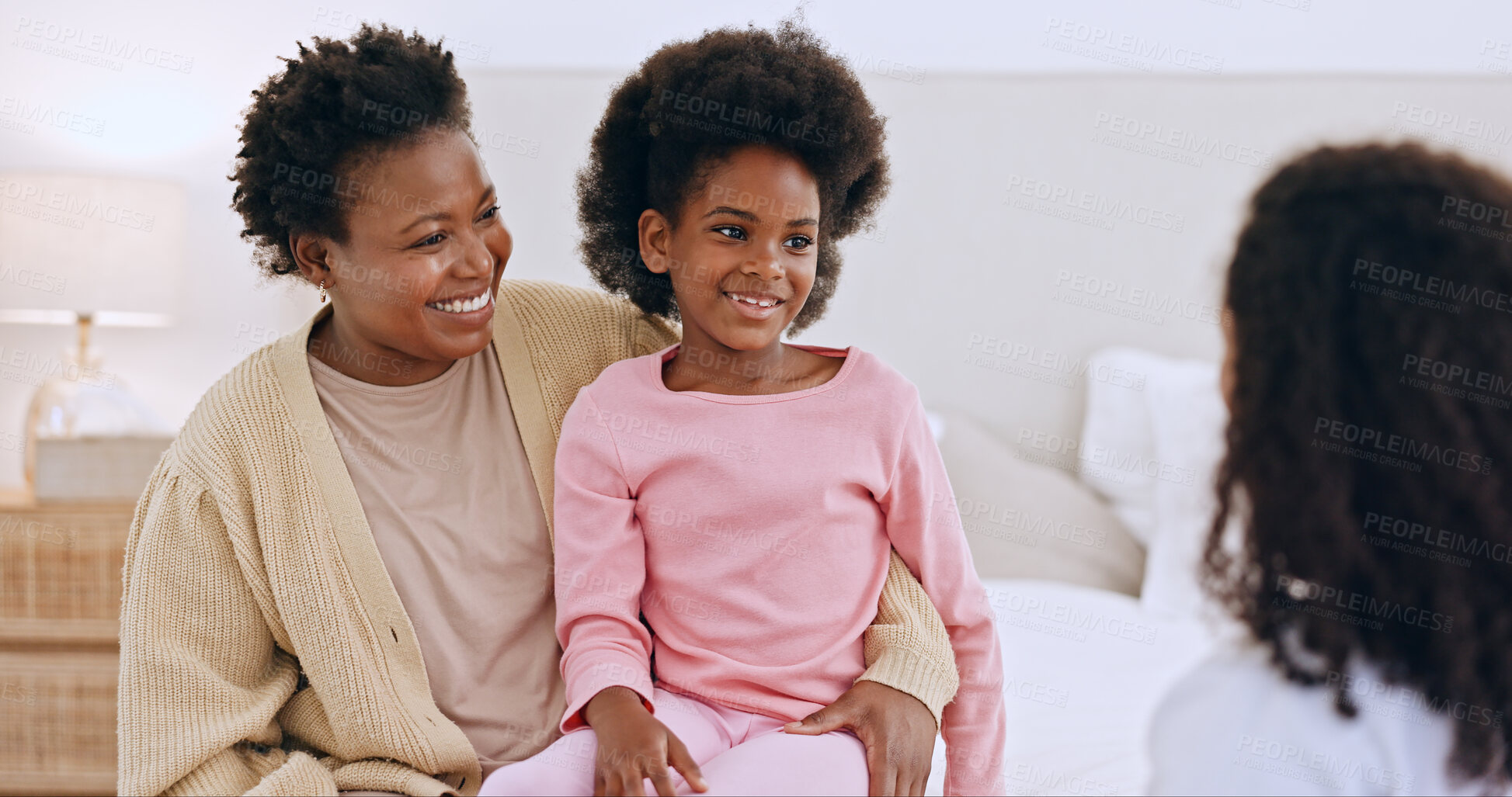 Buy stock photo Happy family, child and doctor for examination in home for diagnosis, wellness or result in health. Mother, little girl and smile for consultation with medical professional for checkup by medicare