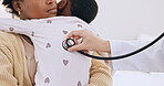 Stethoscope, doctor and black mother with baby, healthcare and checkup with appointment, toddler and lung breathing exercise. African mama, medical and professional with kid, asthma or pediatric care