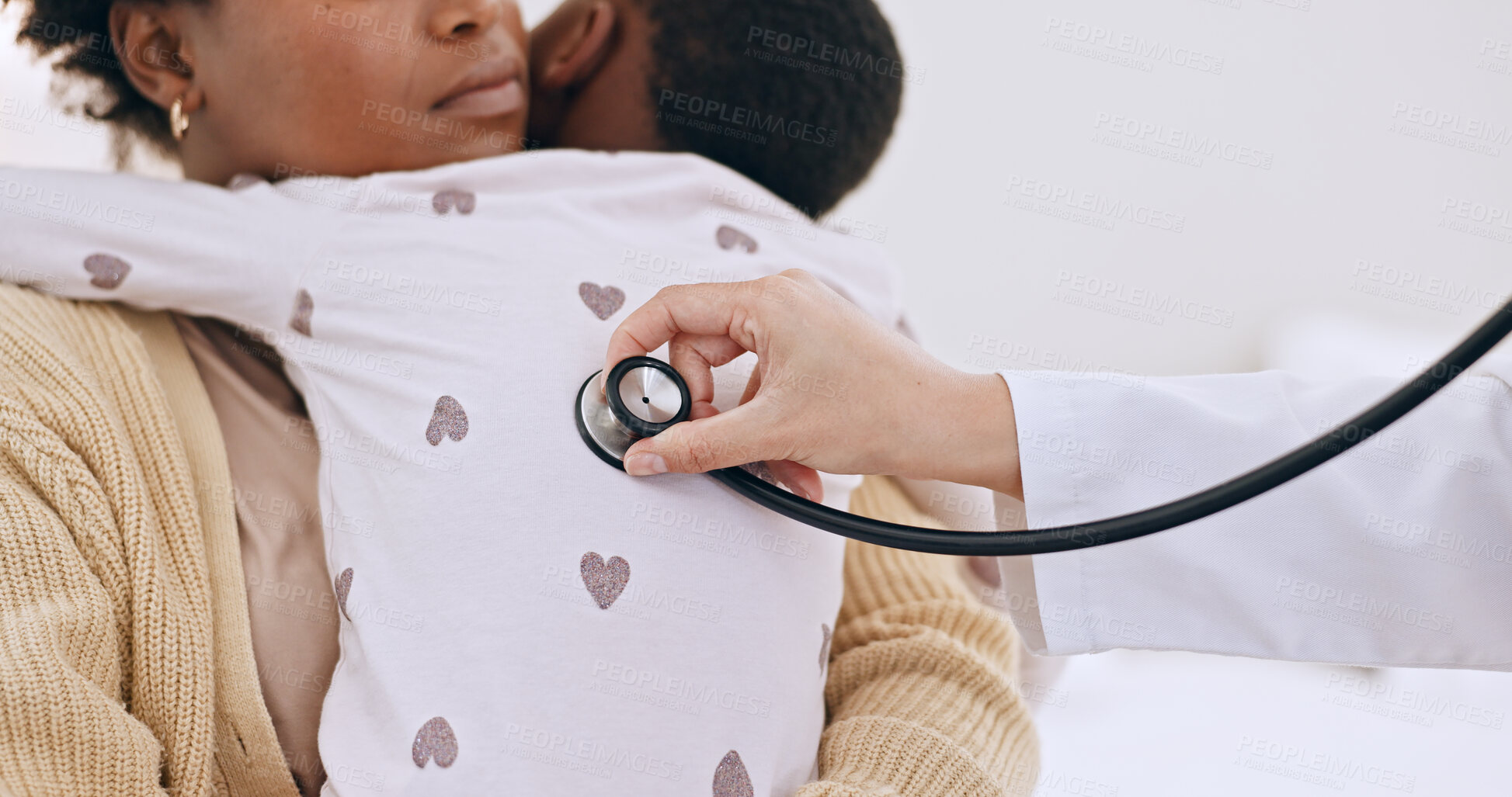 Buy stock photo Stethoscope, doctor and black mother with child, healthcare and checkup with appointment and lung breathing exercise. African mama, medical and professional with sick kid, asthma or pediatrician care