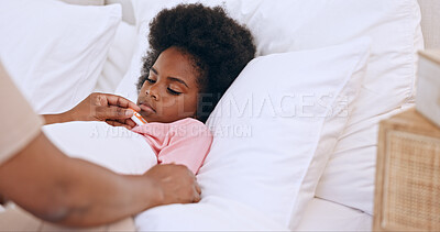 Buy stock photo Hands, bedroom and sick with girl, parent and thermometer with care, checking fever and temperature. Home, mother or kid with flu for cold, bed or monitoring for illness, health or virus with support