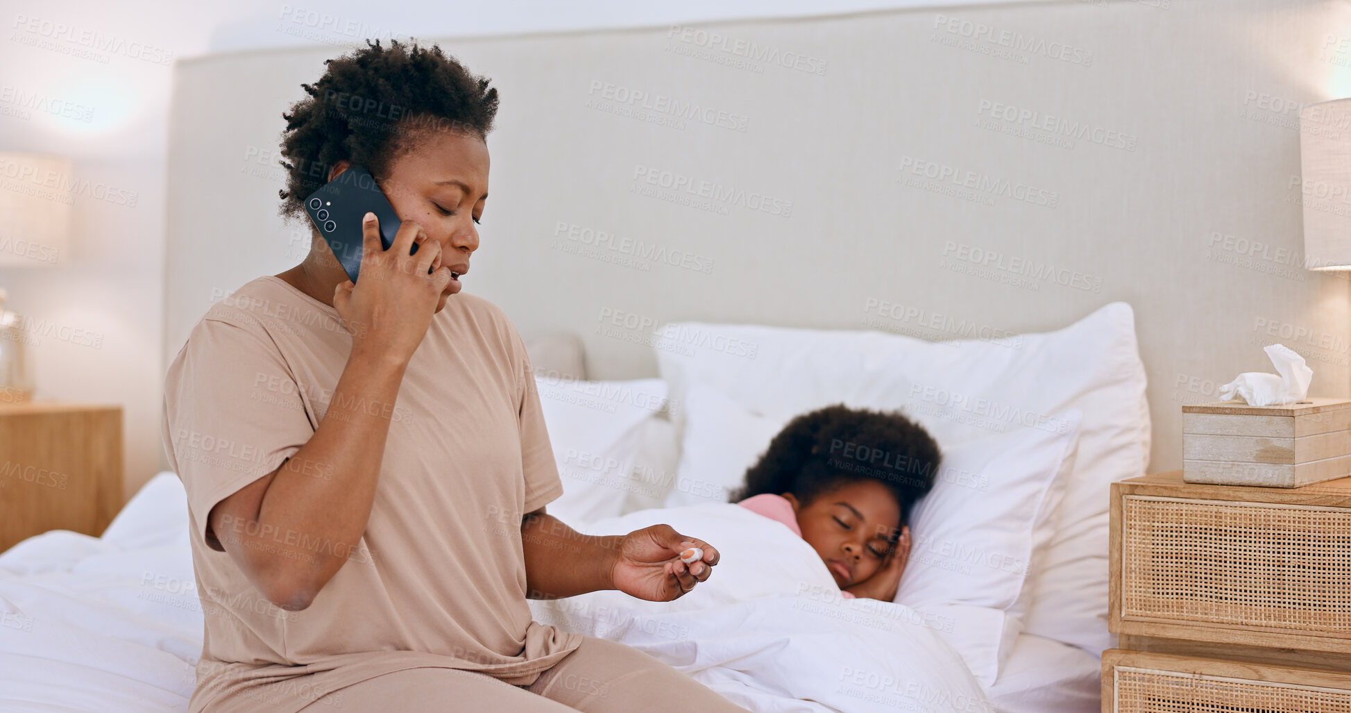 Buy stock photo Sick, child and mom with phone call to doctor with thermometer and telehealth advice. Covid, virus and mother with healthcare, consultation or contact pediatrician in home for opinion or appointment