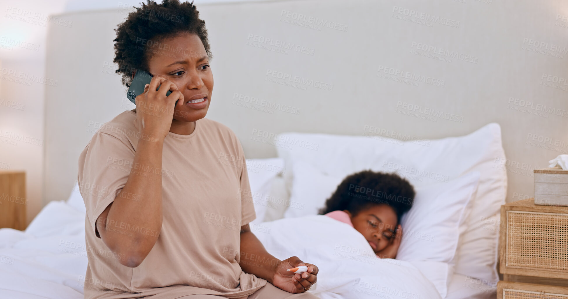 Buy stock photo Sick, child and mom with worry and phone call to doctor with thermometer and telehealth advice. Flu, virus and mother stress with healthcare, consultation or contact with pediatrician in home