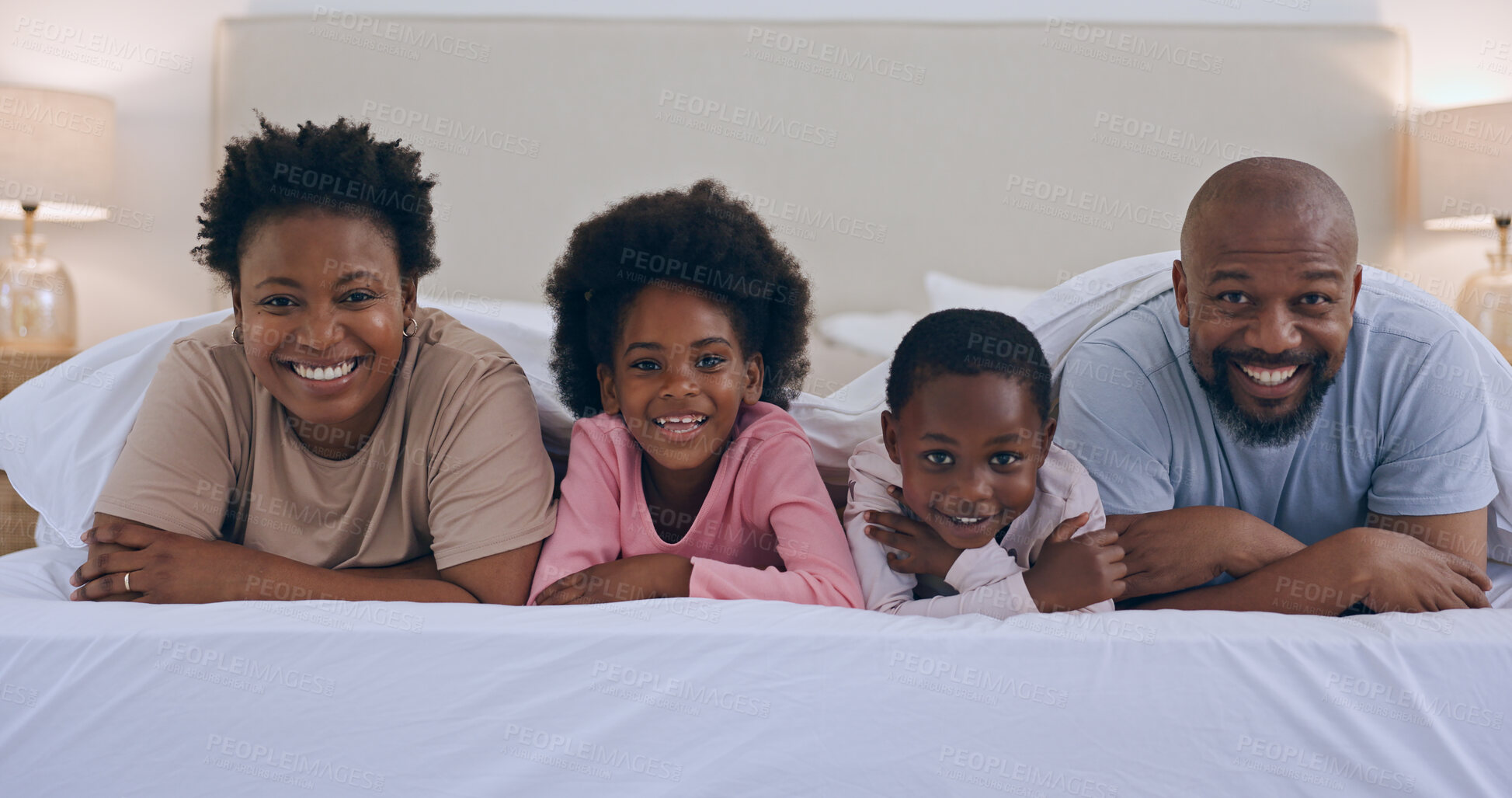 Buy stock photo Portrait, bed and funny with black family, relax and happiness with humor, love and bonding together. Parents, mother or father with girls, kids or laugh with joy, children and smile with fun or home