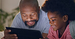 Father, child and tablet in bedroom, watching cartoons and night time in bed, technology and laugh. Happy, enjoying and online for videos, digital and internet in home, streaming or bonding together
