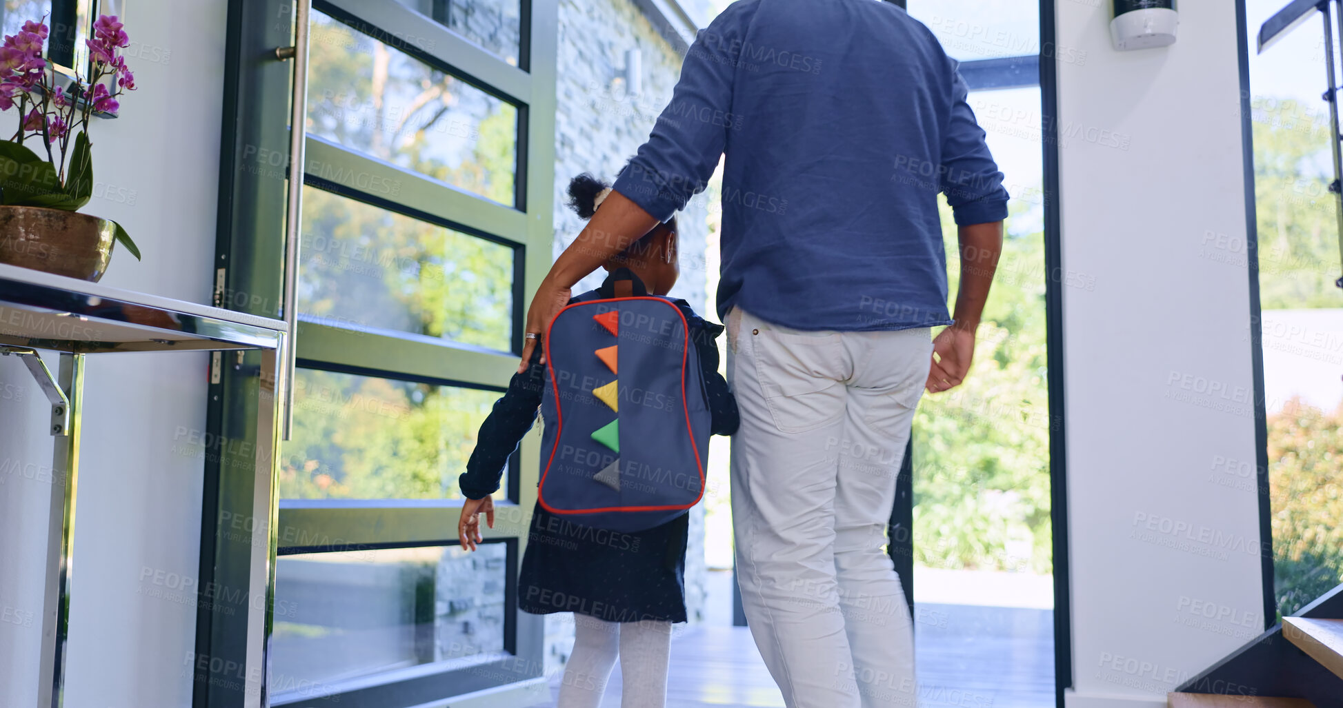 Buy stock photo Father, child and back to school at door, walking in home and leave to start learning. Dad, kid and girl with backpack for first day, education or care, support of student with bag and hands together