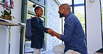 Home, hello and father with girl school child in a house for greeting, welcome or bonding with love. Happy, black family or student kid with dad in a doorway for conversation, support and security