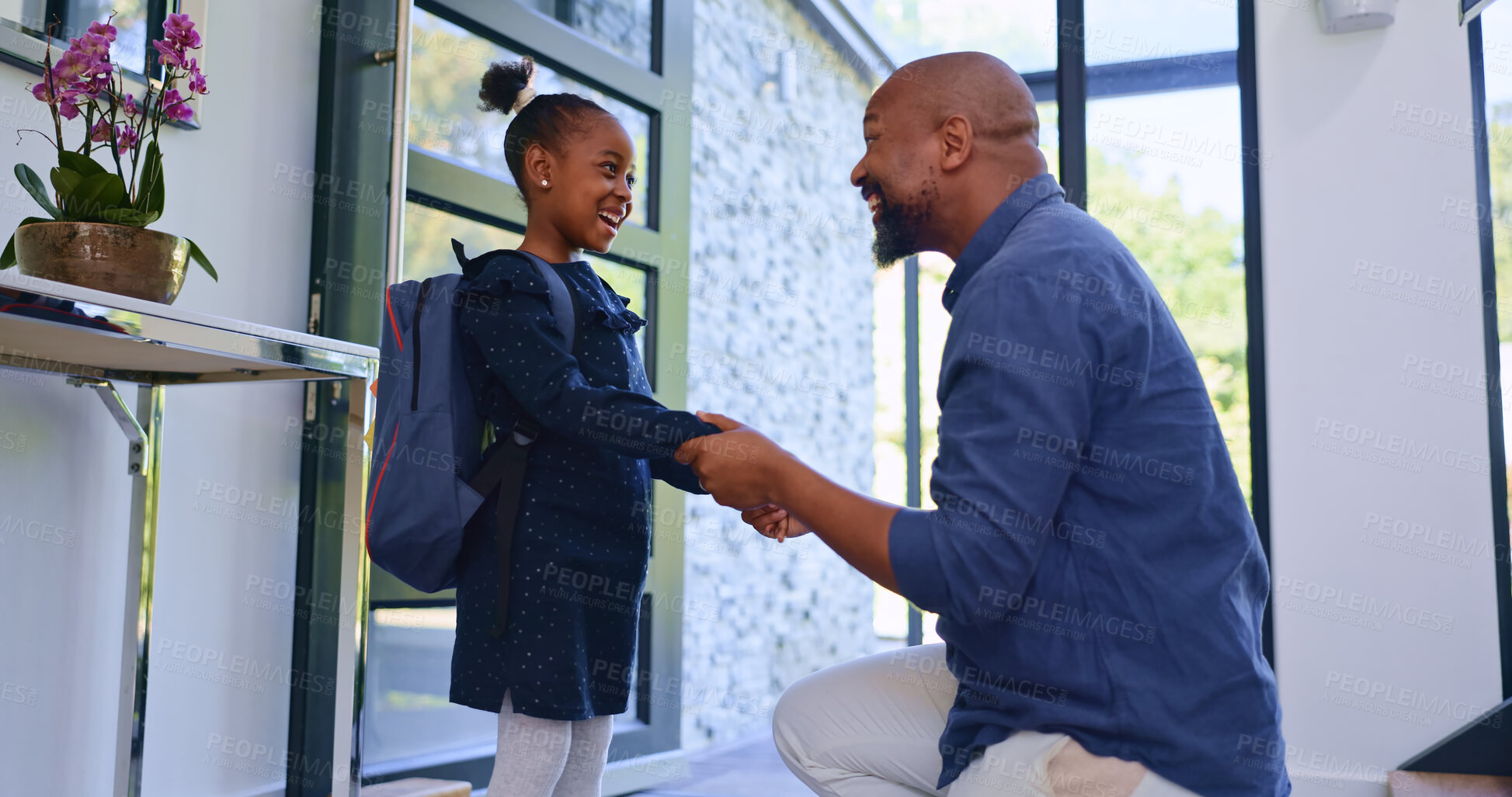 Buy stock photo Backpack, hello and father with girl school child in a house for greeting, welcome or bond with love. Happy, black family or student kid with dad in a doorway for conversation, support and security