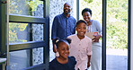 Moving, black family in new home with children, boxes and smile at front door with property mortgage. Mother, father and happy kids in house, excited for investment, real estate and future together.