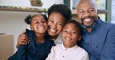 Black family, portrait and smile in home for love, bonding or relationship in living room of apartment. People, parents and children with happiness for relax, peace and support in lounge of house