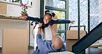 Father, daughter and airplane for playing in new home, real estate or investment with happiness and freedom. Black family, man and girl kid having fun on floor of living room for celebration and bond