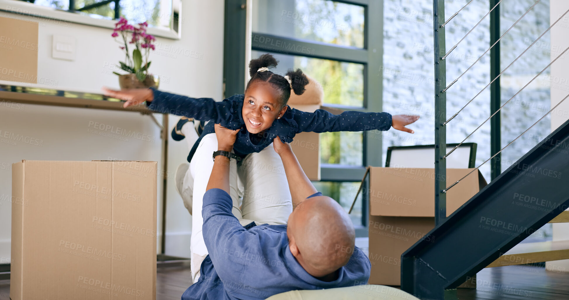 Buy stock photo Father, daughter and airplane for playing in new home, real estate or investment with happiness and freedom. Black family, man and girl kid having fun on floor of living room for celebration and bond