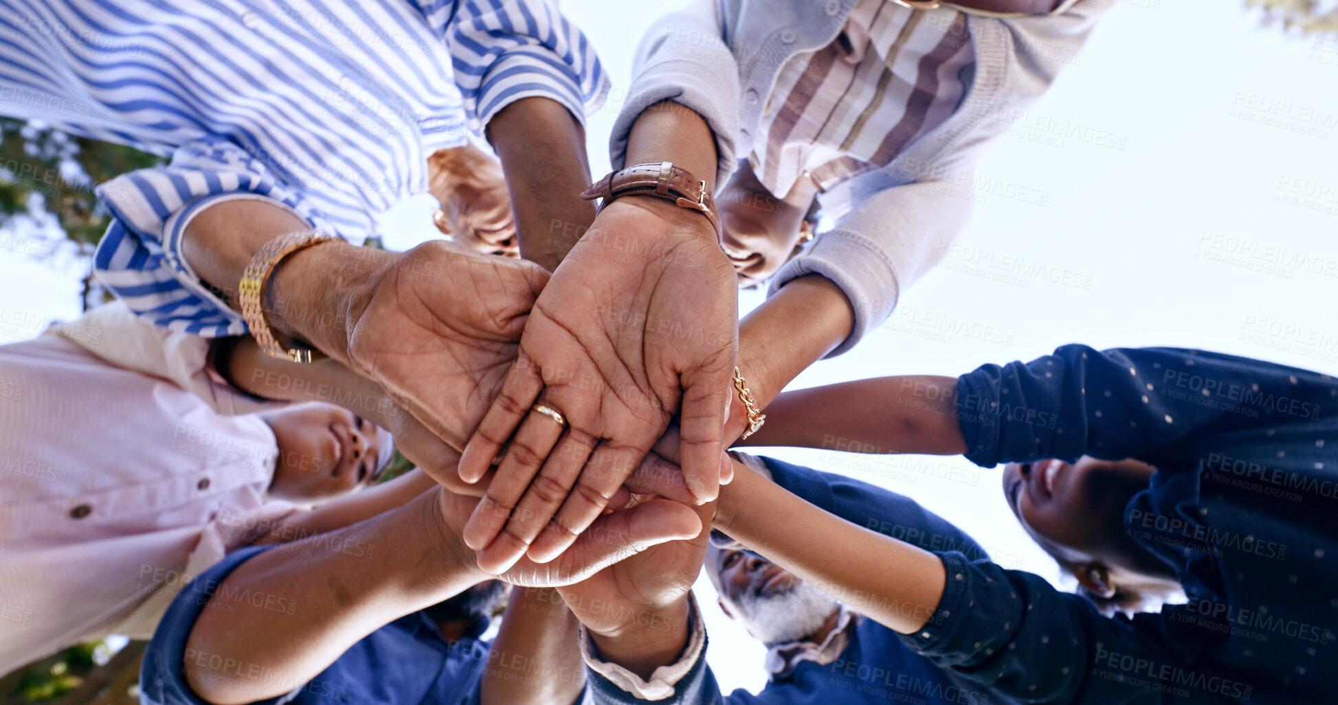 Buy stock photo Support, huddle or hands of family in nature for fun bonding or playing in outdoor park together. Love, low angle or mother with grandparents, dad or African kids with solidarity on holiday vacation