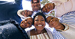 Happy, huddle or portrait of a black family in nature for fun bonding or playing in a park together. Love, support or mother with grandparents, father and children to hug or smile on holiday vacation