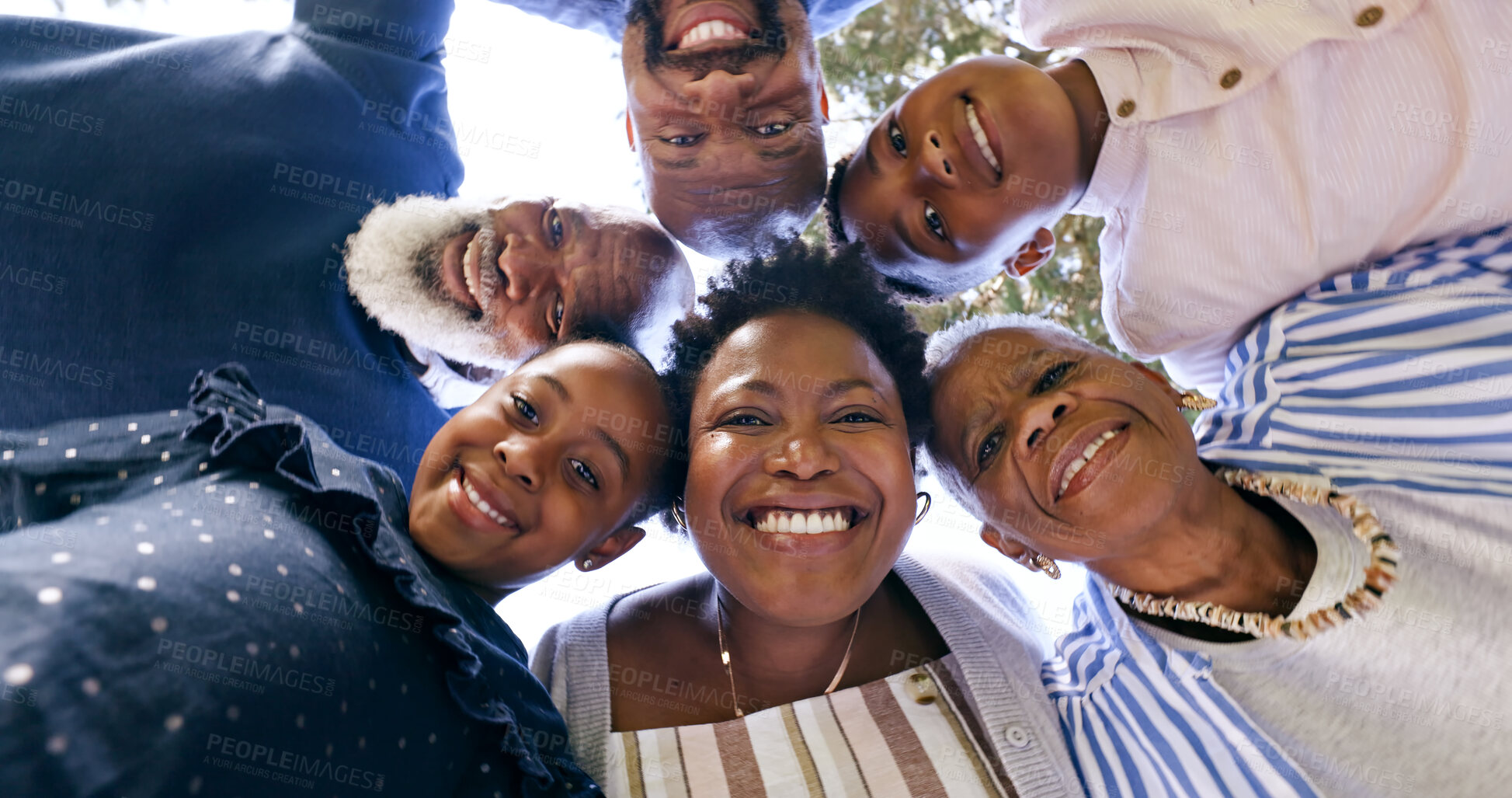 Buy stock photo Happy, huddle or portrait of a black family in nature for fun bonding or playing in a park together. Smile, support or below of mother with grandparents, father or children to hug or relax on holiday