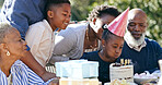 Child, grandparents or black family in nature for a happy birthday, celebration or growth together. Candles, blow or excited African people with cake, love or kids in a fun party, backyard or park