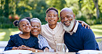 Children, hug or portrait of grandparents in nature with smile in park for love or support in black family. Elderly grandma, happy or African kids with a senior man to relax or bond in retirement