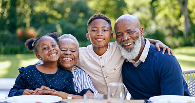 Buy stock photo Children, hug or portrait of grandparents in nature with smile in park for love or support in black family. Elderly grandma, happy or African kids with a senior man to relax or bond in retirement