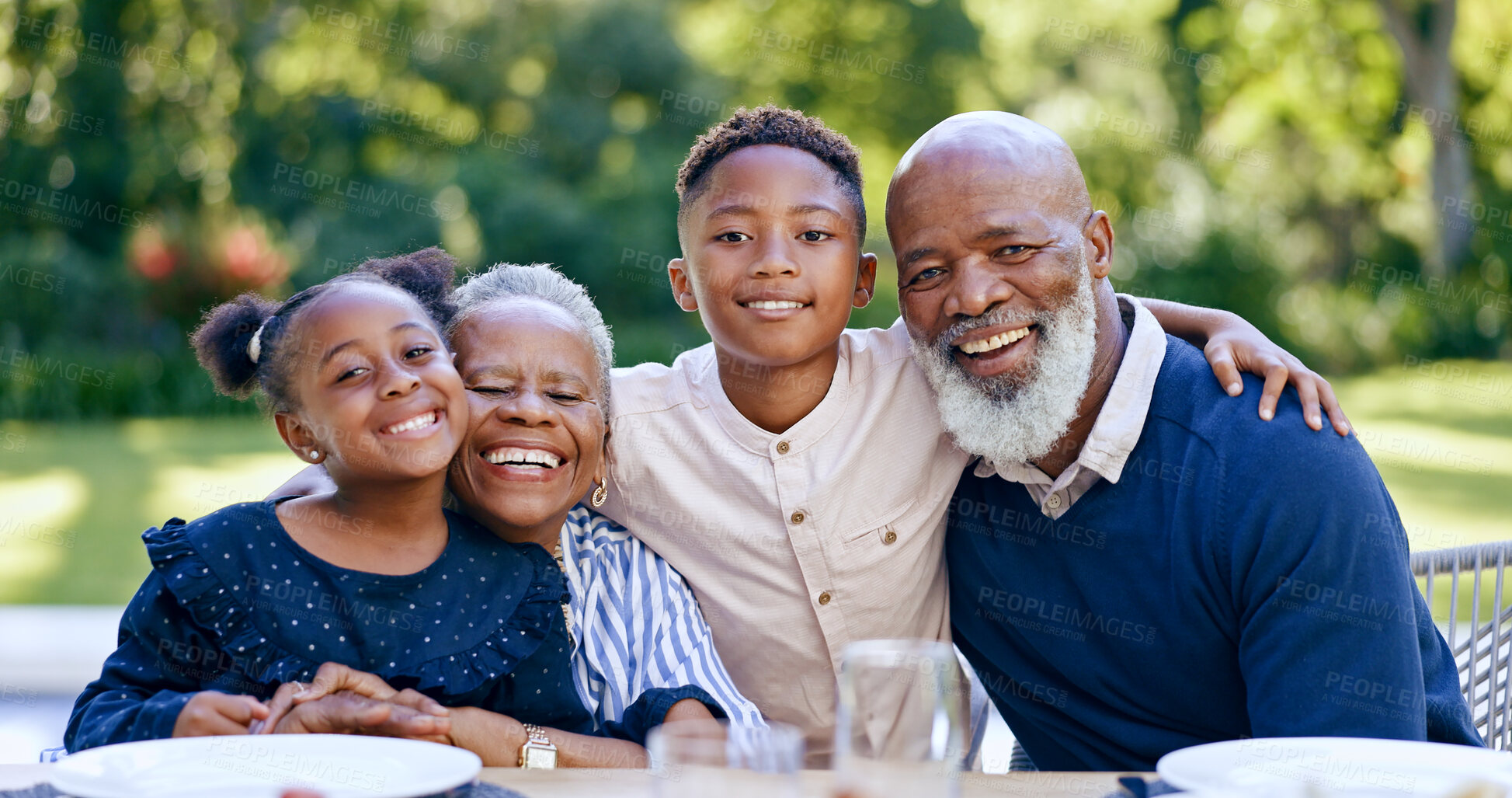 Buy stock photo Children, hug or portrait of grandparents in nature with smile in park for love or support in black family. Elderly grandma, happy or African kids with a senior man to relax or bond in retirement