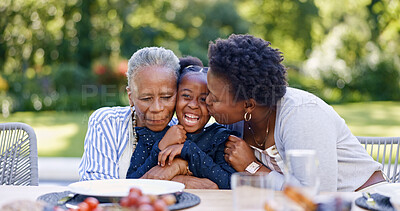 Buy stock photo Outdoor, granny and mother with family, happiness and childhood with joy, summer and weekend break. Love, backyard and kiss with girl, kid or cheerful with event, grandma and playful with parent