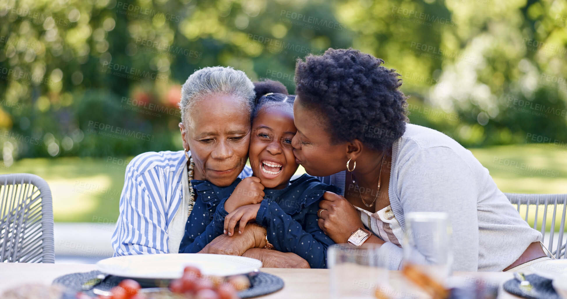 Buy stock photo Outdoor, granny and mother with family, happiness and childhood with joy, summer and weekend break. Love, backyard and kiss with girl, kid or cheerful with event, grandma and playful with parent