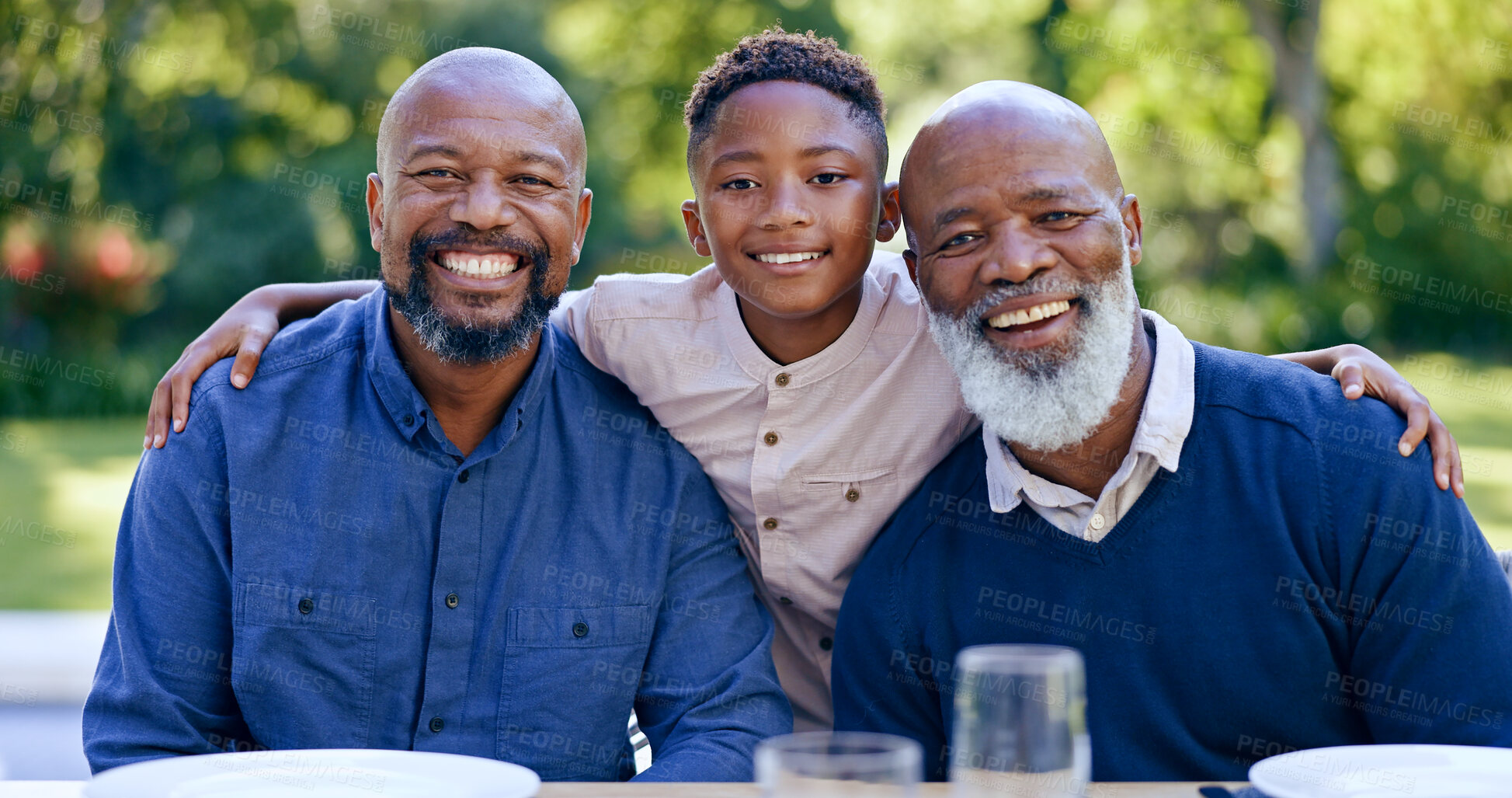 Buy stock photo Happy family, portrait and generations of men in nature, summer vacation and memory together with love. Black people, dad or son with grandpa for smile, face or garden lunch to relax bond in park 

