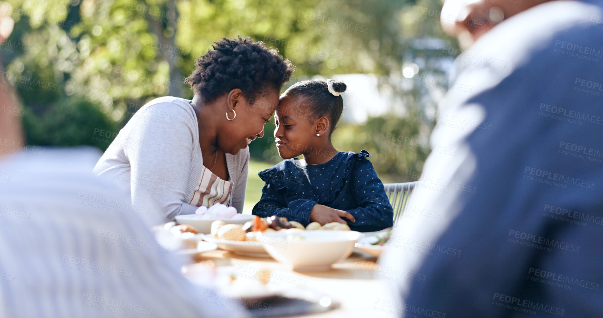 Buy stock photo Smile, mother and daughter with forehead touch at garden lunch, nature and vacation together with love. Black people, woman or child with happy family, reunion and care for thanksgiving in park 


