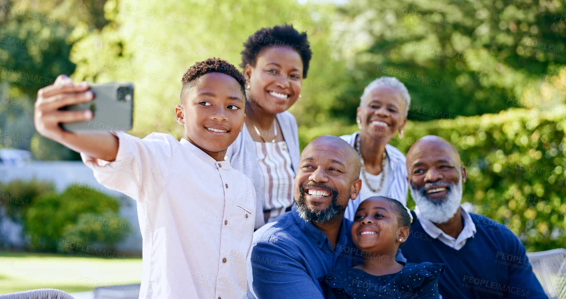 Buy stock photo Happy family, selfie or generations with love in nature, summer vacation or together for smartphone memory. Black people, grandparents or kids in smile, face or garden wellness to relax bond in park