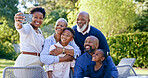 Happy family, selfie or generations in nature, summer vacation or memory together with love. Black people, grandparents, parents or kids smile on face, garden chairs or smartphone to post online 

